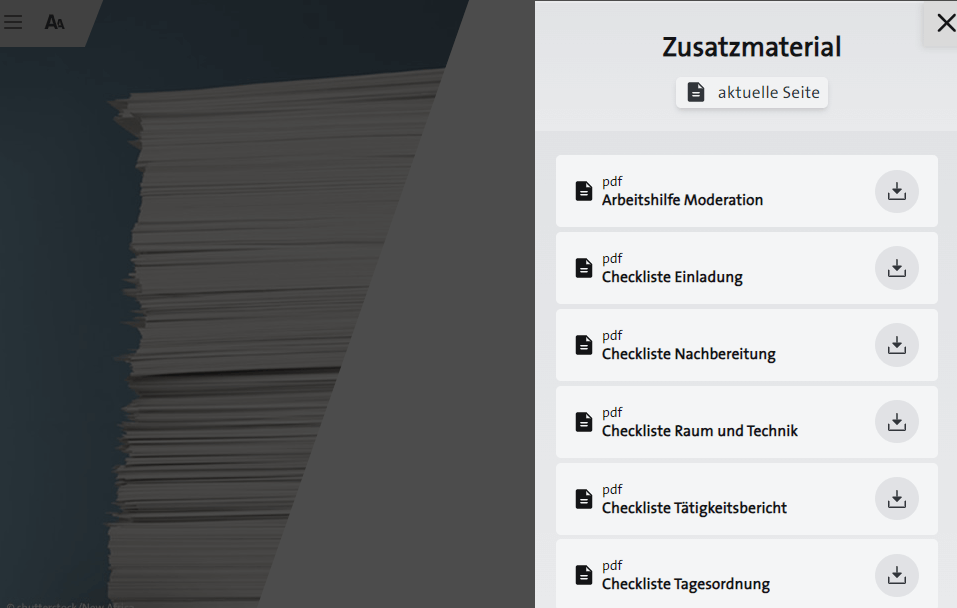 Eine Folie aus dem Onlinekurs mit einer Übersicht des angebotenen Zusatzmaterials mit der Möglichkeit des PDF-Downloads.