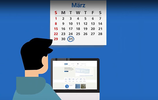 Die Illustration zeigt einenen Mann am Computer. Darüber hängt ein Kalender. Der 31. März ist blau eingekringelt. Der Blick fällt über die Schulter des Mannes auf den Monitor. Dort ist das Portal www.iw-elan.de aufgerufen.