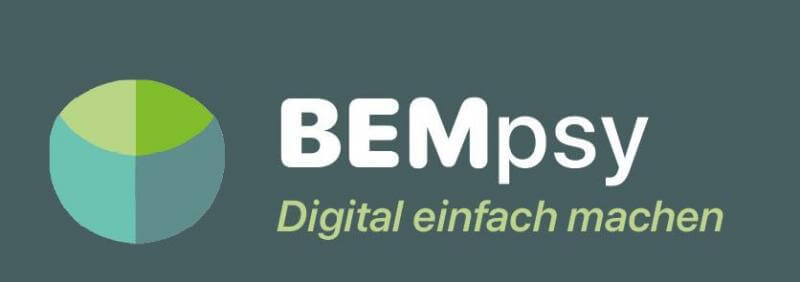 Das BEMpsy-Logo mit weißer Schrift auf petrolfarbenem Grund. Darunter steht "Digital einfach machen"