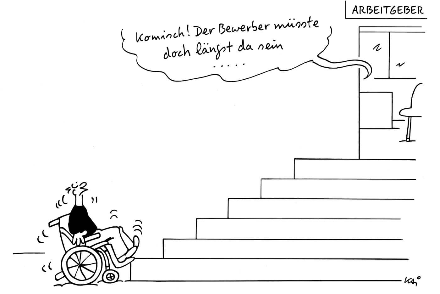 Ein Bewerber im Rollstuhl kann nicht zum Bewerbungsgespräch, da es nur eine Treppe. Im oberen Stockwerk wundern sich die Vertreter des Arbeitsgebers, wo der Bewerber denn wohl bleibe. 