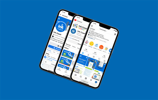Drei freigestellte Smartphones, auf deren Displays verschiedene Seiten der Ina-Coach-App zu sehen sind.