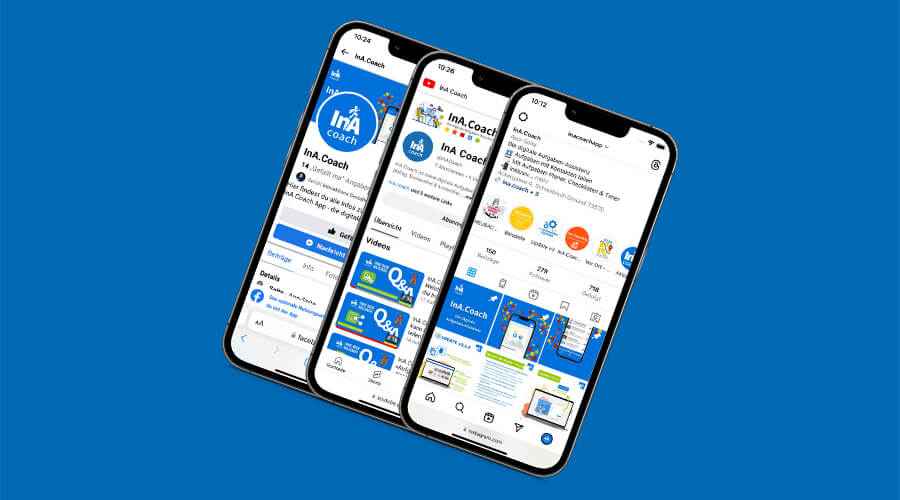 Drei freigestellte Smartphones, auf deren Displays verschiedene Seiten der Ina-Coach-App zu sehen sind.