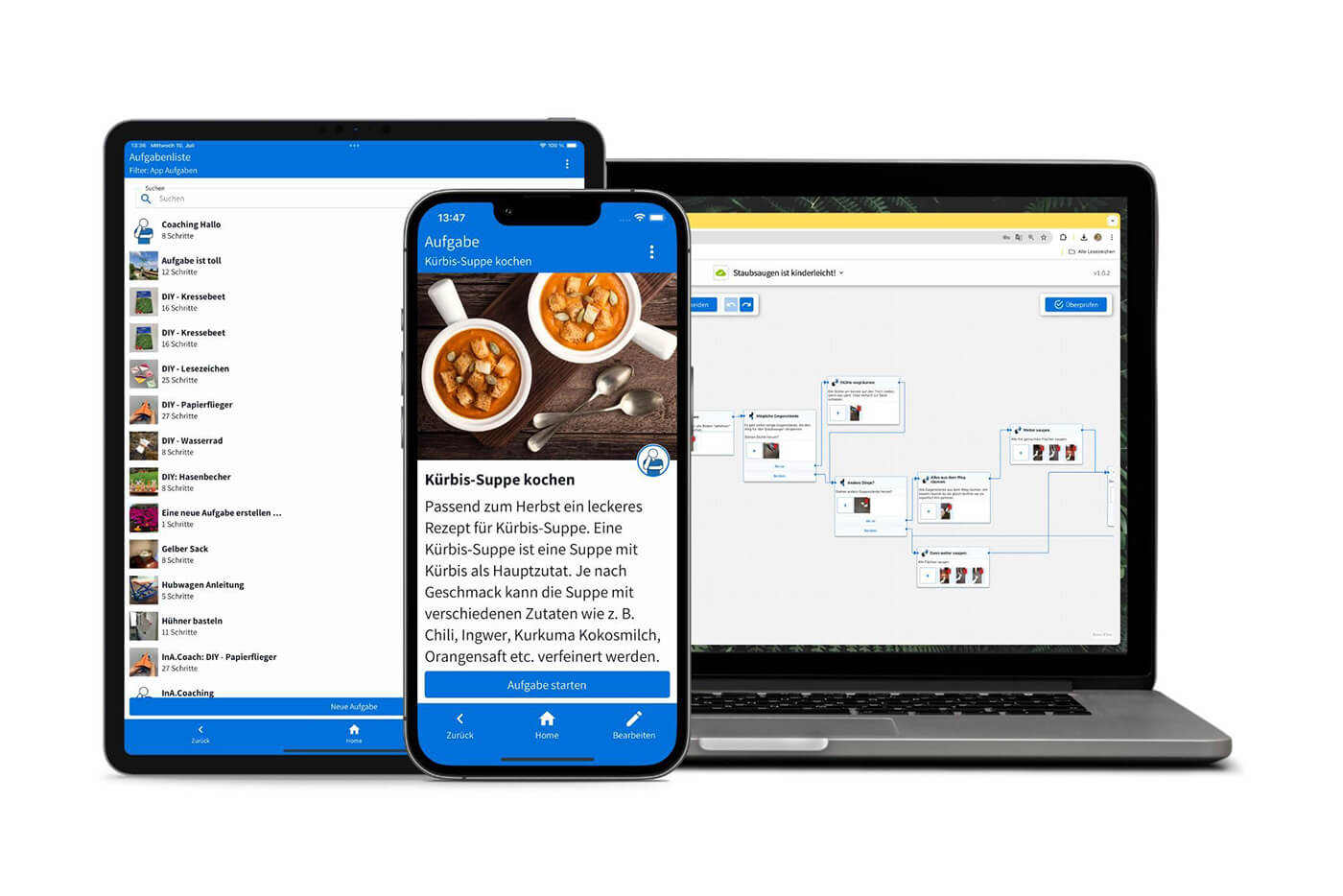 Auf verschiedenen digitalen Endgeräten sind Screenshots von den verschiedenen Anwendungen der App zu sehen.