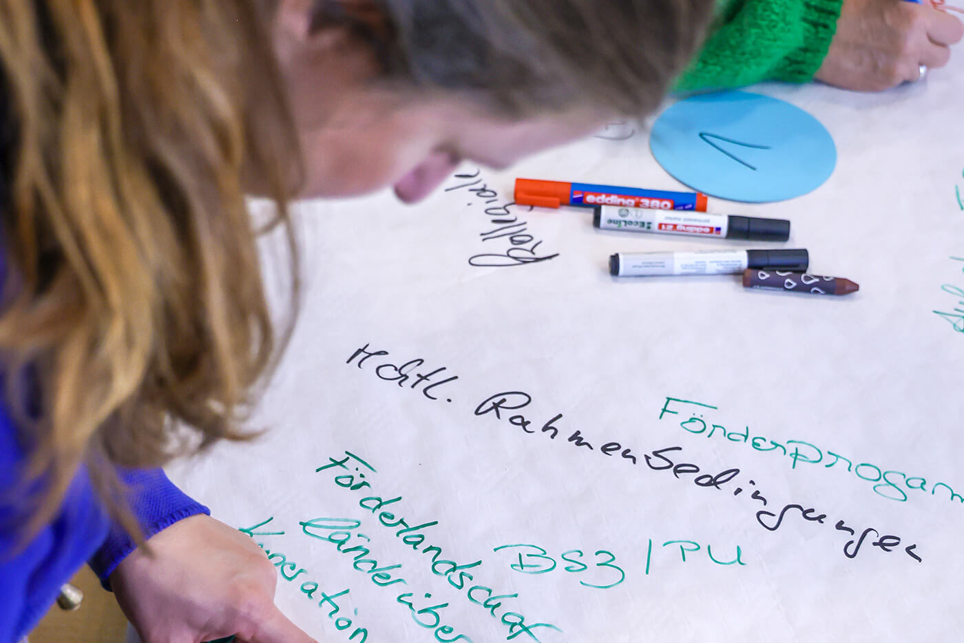 EAA-Netzwerktreffen Workshop l © BIH/Rupert Oberhäuser Eine Frau beugt sich über ein großes Blatt Papier, auf dem sie mit bunten Filzschreibern schreibt.