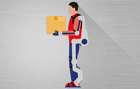 Illustration: Ein Mann in einem Ganzkörper-Exoskelett.