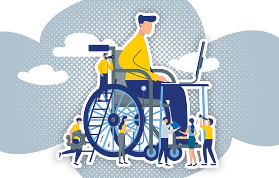 Eine Illustration eines Menschens im Rollstuhl der an einem Schreibtisch sitzt