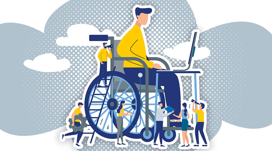 Eine Illustration eines Menschen der im Rollstuhl an einem Schreibtisch sitzt