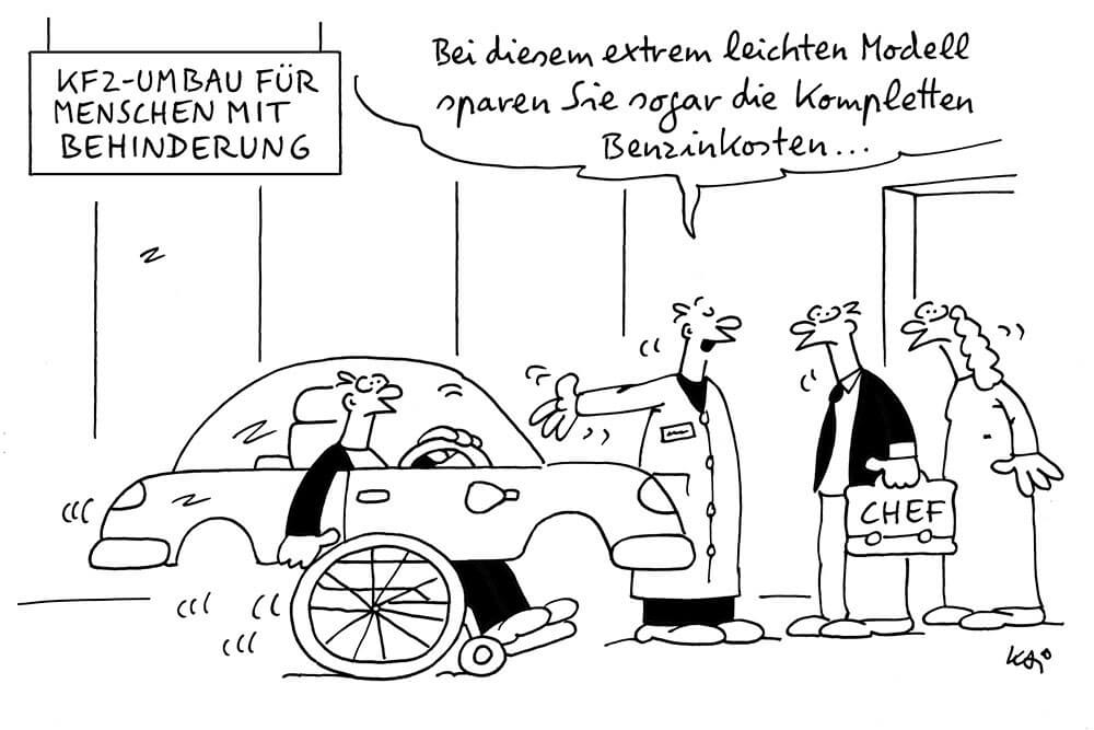 Ein Cartoon indem der KFZ Umbau für Menschen mit Behinderung kritisiert wird 