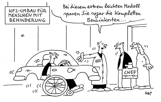 Ein Cartoon indem der KFZ Umbau für Menschen mit Behinderung kritisiert wird 