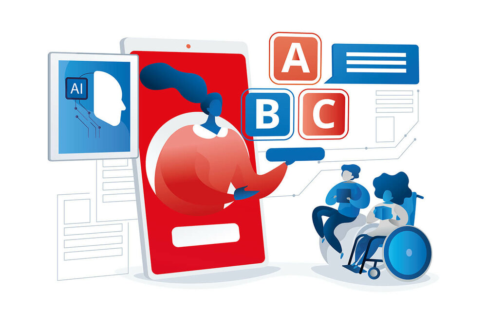 Illustration Inklusion Smartphone l © 2022 of Visual Generation Inc. Eine Illustration eines Smartphones aus dem heraus sich eine Figur lehnt und Bausteine an zwei Personen, eine davon im Rollstuhl reicht.
