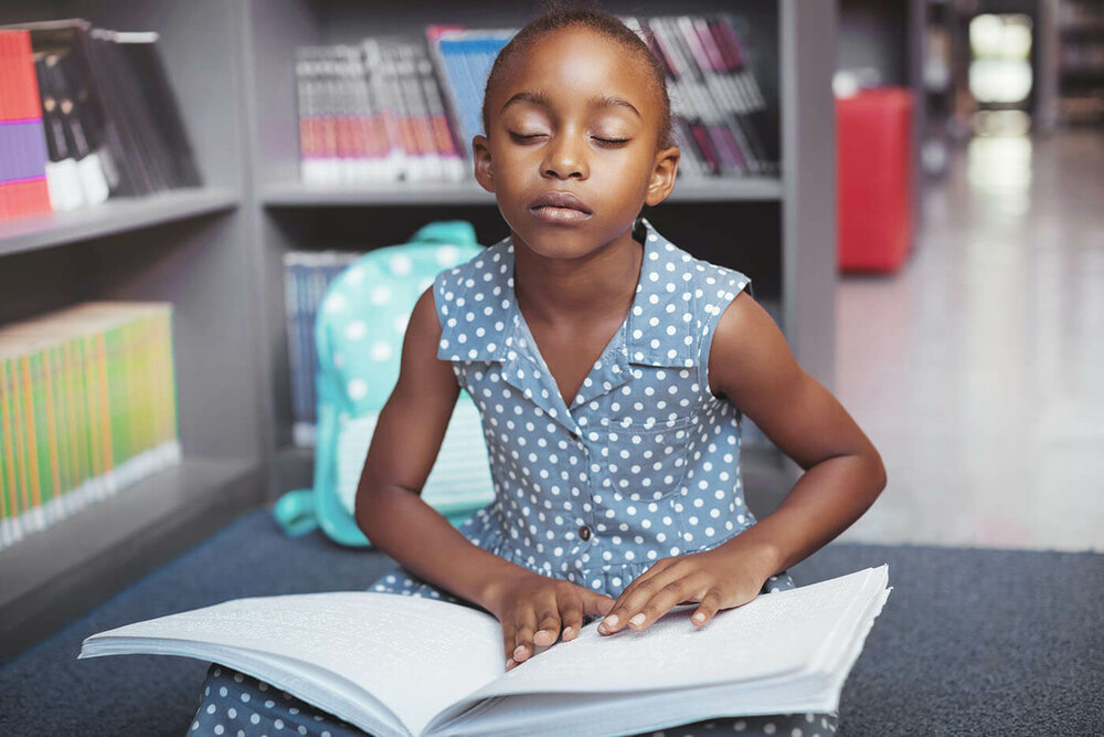 Brailleschrift l © 2017 wavebreakmedia/Shutterstock Ein blindes Mädchen sitzt ist vor einem Bücherregal in einer öffentlichen Bibliothek, auf ihrem Schoß liegt ein aufgeschlagenes Buch in Brailleschrift.