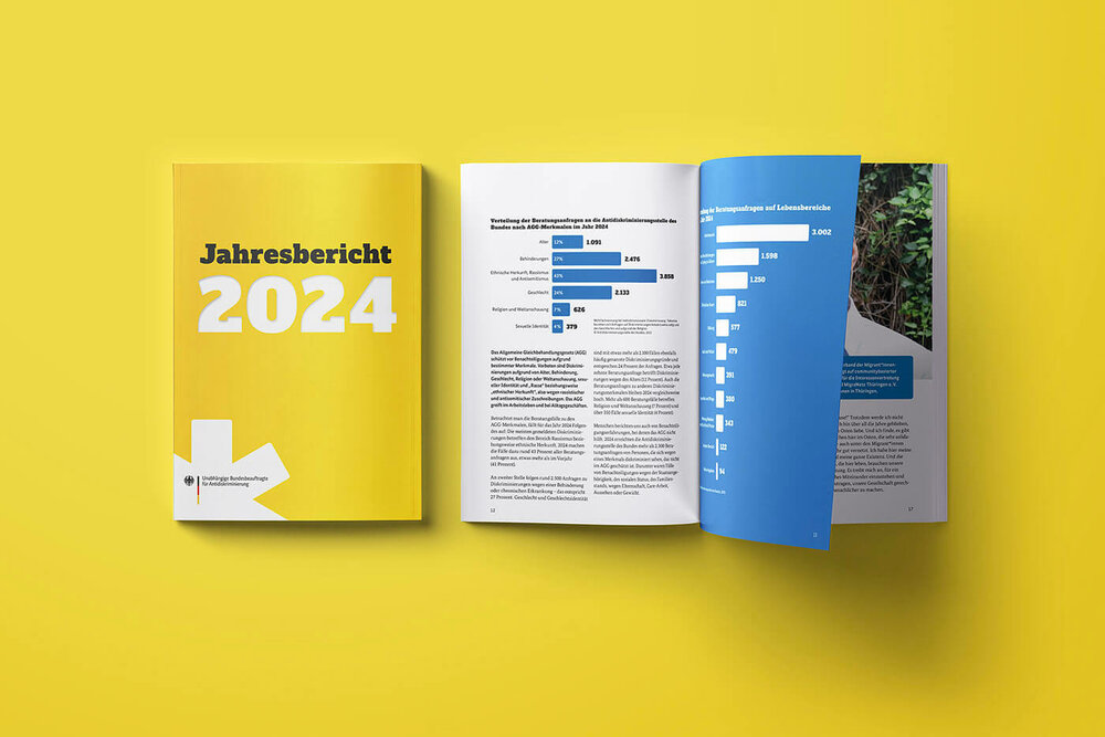 Darstellung des Covers und einigen Seiten des Antidiskriminierungsberichts